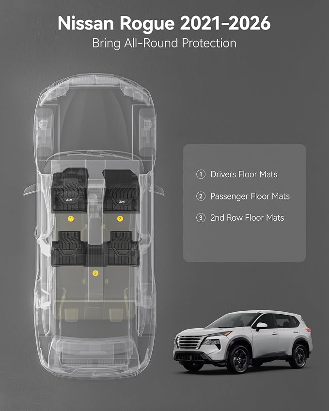 3W Floor Mats for Nissan Rogue 2026 2025 2024 2023 2022 2021 (NOT Sport) | 1st & 2nd, Not for Rogue Sport, Easy To Clean and Installation, Durable, Waterproof Protection, TPE All Weather, Custom Fit - Image 2