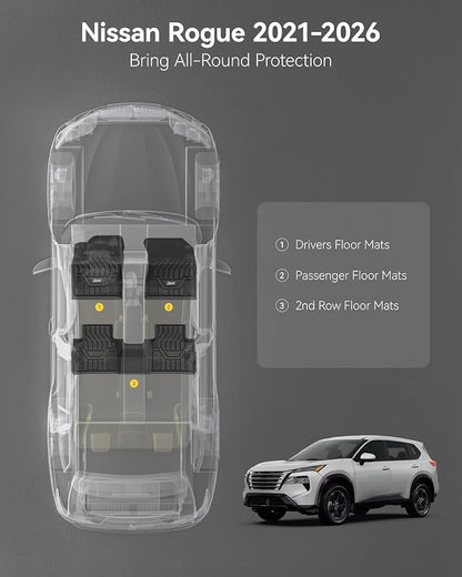 3W Floor Mats for Nissan Rogue 2026 2025 2024 2023 2022 2021 (NOT Sport) | 1st & 2nd, Not for Rogue Sport, Easy To Clean and Installation, Durable, Waterproof Protection, TPE All Weather, Custom Fit - Image 2