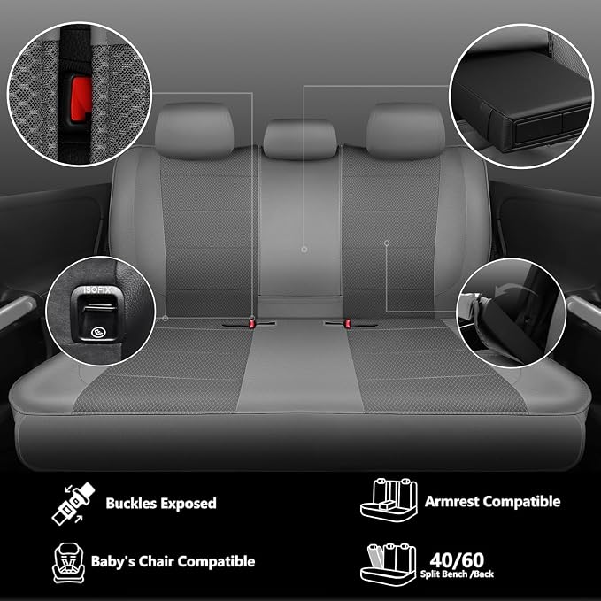 CAR PASS Leather Car Seat Covers Breathable Seat Cover Full Sets Airbag Compatible for Most Cars, SUVs, Trucks, and Vans (Full Set, Gray) - Image 6