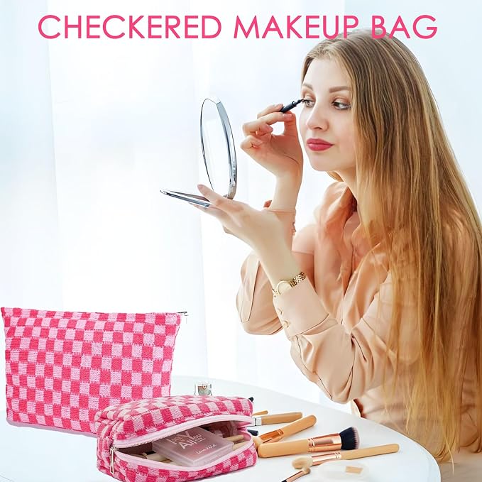 Travel Makeup Bag, Checkered Cosmetic Bag Make Up Organizer Case for Women, Small Toiletry Bag Skincare Pouch for Toiletries Accessories Brushes, 2PCS - Image 2