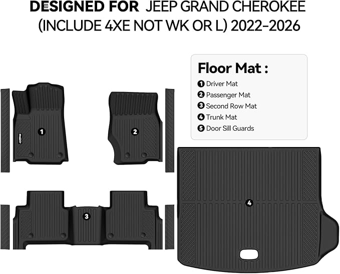 Floor Mats for Jeep Grand Cherokee 2022-2025 2026 Accessories | (Include 4xe Not WK or L) Trunk Mat & Door Sill Guard All Weather TPE Protector Odorless Interior Floor Liners - Image 2