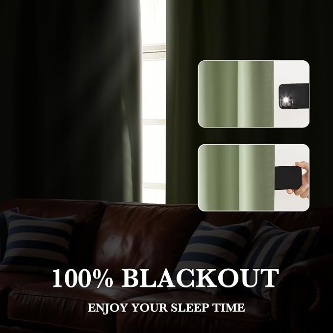 RYB HOME 100% Blackout Short Curtains for Small Window, Thermal Insulated | Total Room Darkening, Noise Reducing, Curtains for Kitchen Bathroom Basement, W34 x L45, Sage Green, 2 Panels - Image 5