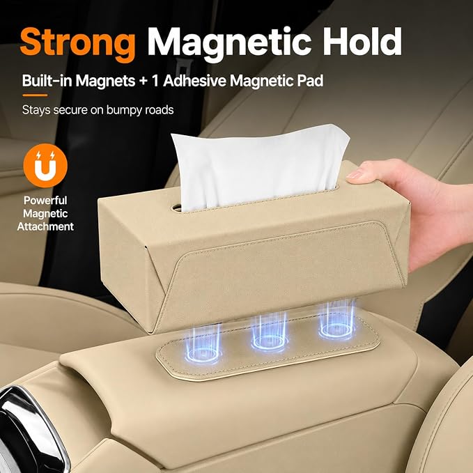 Car Tissue Holder with Magnetic & Strap Mount, Beige, 1 Pack | PU Faux Leather, For Sun Visor, Seat Back, Console, Refrigerator, Fits Standard Tissue Packs - Image 7