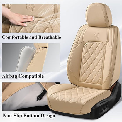 Coverado Car Seat Covers Full Set, 5 Seat Universal Seat Cover for Cars, Luxury Faux Leather Waterproof Seat Covers, Front and Back Car Seat Protector, Auto Seat Covers Fit for Most Vehicles, Beige - Image 4