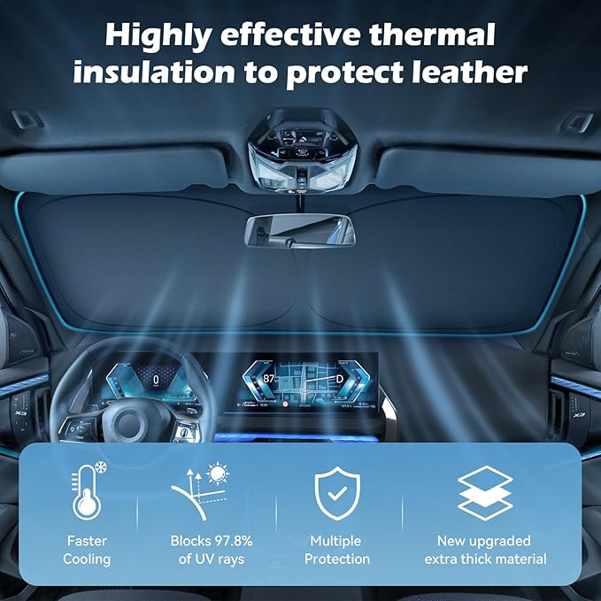 Car Windshield Sun Shade, 300T Thickened Car Window Shades Heat Reflective Interior Cool, Universal Fit for Most Cars SUVs Trucks, Foldable & Portable Design (L (57" × 31")) - Image 3