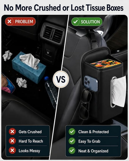 COZILO Leather Car Tissue Holder for Front & Back Seats, Car Tissue Box with 2 Side Mesh Pockets, Wide Metal Opening for Easy Pull, Fits 100–160 Count Rectangular Tissue Boxes, Black - Image 3
