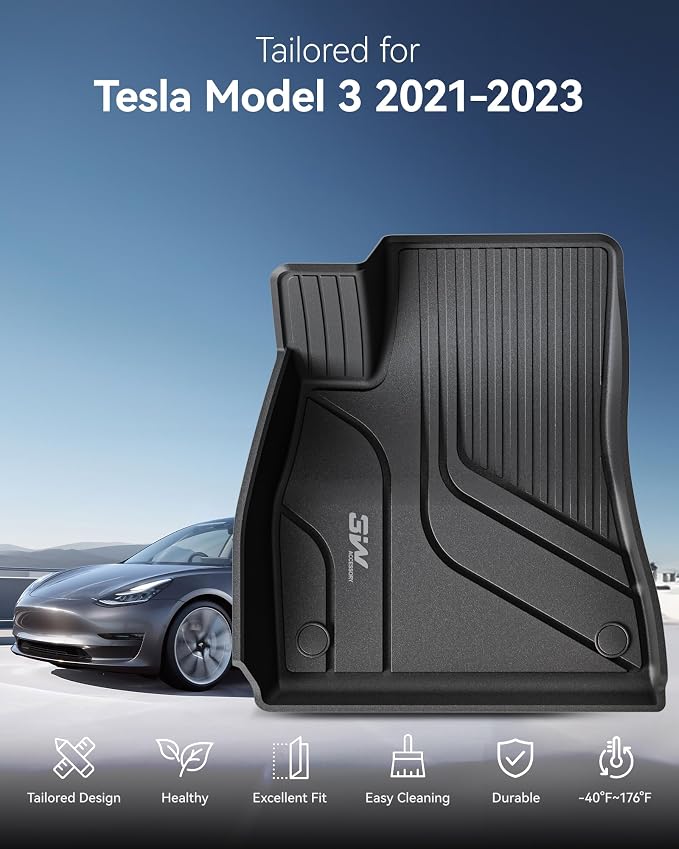 3W Floor Mats and Trunk Mat for Tesla Model 3 2021-2023 | Full Set All-Weather TPE Floor Liner, Custom Fit Model 3 Accessories, Black, Over 10 Years Lifespan - Image 2