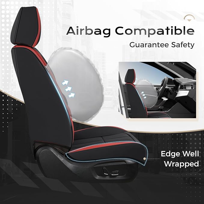 Coverado Car Seat Cover, Cover for Cars Full Seat, Premium Leather, Universal Fit Waterproof Seat Protectors, Car Seat Cushion Non-Slip for Most Cars-Black Red - Image 3