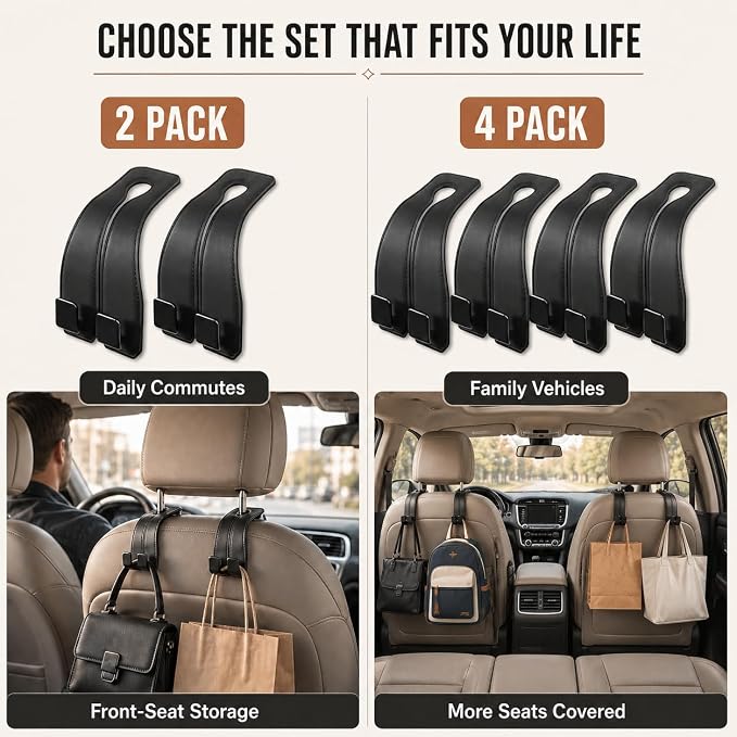 vidonio Car Headrest Hooks, 4 Pack 360° Rotating Double Hooks with Leather-Wrapped Metal Core, Heavy Duty Seat Back Purse Holder for Handbags, Grocery Bags and Backpacks, Black - Image 7