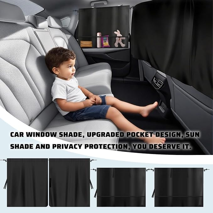 3 Pack Upgraded Car Window Shades Set, 2 Window Sun Shades + 1 Privacy Curtain with Storage Pockets, UV Sun Protection & Privacy Screen (A) - Image 8
