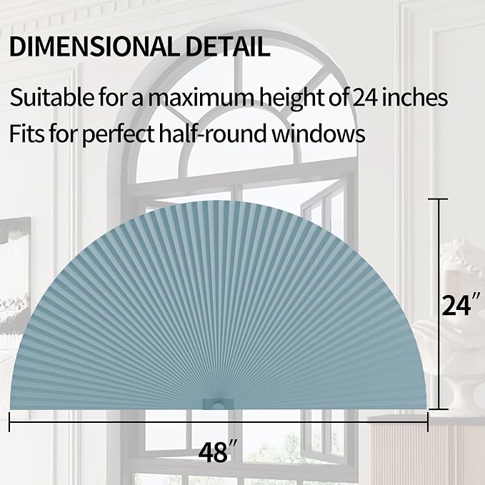 Myshade Arch Window Shades Half Circle Light Filtering Cellular Shades Cordless No Drill Blinds for Windows Half Moon Honeycomb Fabric No Tools Shades Easy Install (2PCS Blue 48" W X 24" H) - Image 3