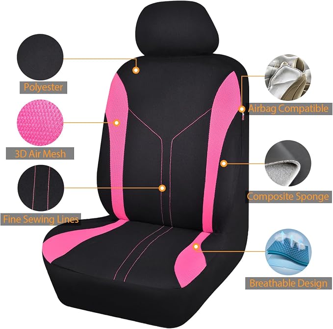 Flying Banner Car Seat Covers Full Set Front Seats and Rear Bench Mesh Fabric Splicing Polyester Cover Black with Pink Color - Image 2