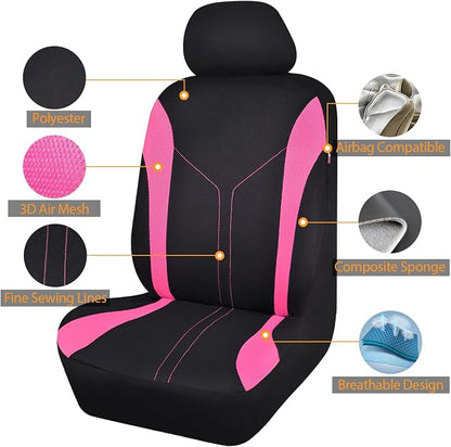 Flying Banner Car Seat Covers Full Set Front Seats and Rear Bench Mesh Fabric Splicing Polyester Cover Black with Pink Color - Image 2