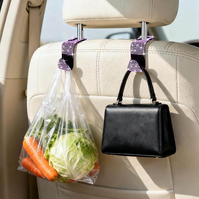 BFXM 6 Pack Car Seat Headrest Hooks,Car Accessories Bling Purple | Back Seat Purse Hanger Holder Hook, Universal Storage Organizer for Handbag Grocery Bags Coats - Image 3