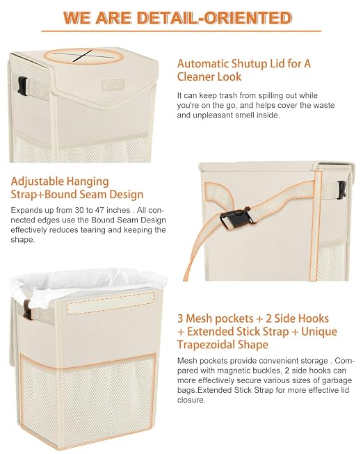 Pritent Car Trash Can with Lid Leakproof Car Garbage Bag Vehicle Trash Bin | Hanging Automotive Garbage Can,Multipurpose Car Accessories for Women Men Interior Car Storage Organizer(4 Gal,Beige) - Image 4