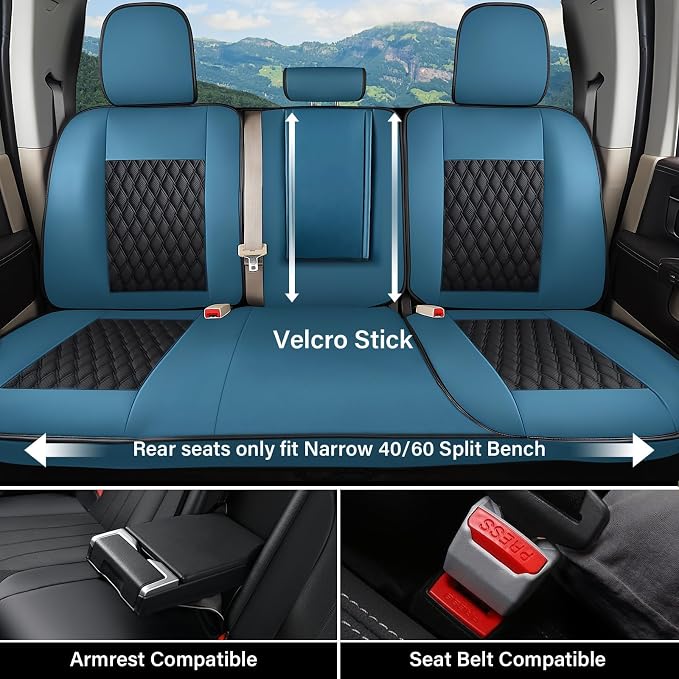 Coverado Chevy Chevrolet Silverado GMC Sierra Seat Covers Full Set, Fit for 2007-2013 & 2019-2026 1500, 2020-2026 2500HD 3500HD Crew Double Extended Cab, Faux Waterproof Leather Seat Covers (Blue) - Image 3