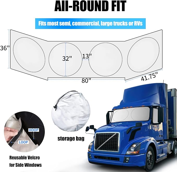 Semi-Truck Sun Shade for Windshield & Side Window, Fits Freightliner Volvo | Blocks 98% UV, cuts heat & glare. Fits Freightliner, Volvo, Intl & RVs. 300T polyester, easy install, keeps cab cool. - Image 5