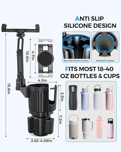 Porfortop 2-in-1 Cup Holder Tablet Mount Expander, 2-Section Foldable 15" Height Adjustable Arm & 360° Rotation, Universal Fit for iPad, iPhone, All Smartphones and Most Bottles for Car SUV Truck - Image 4