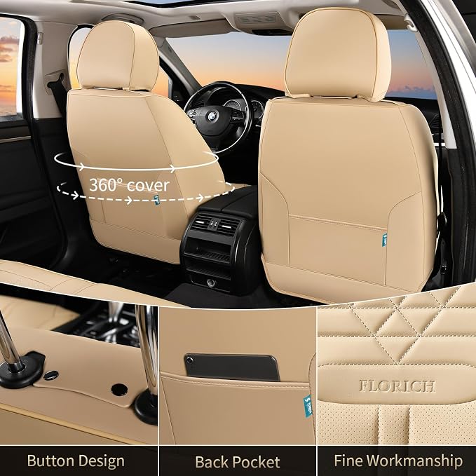 Car Seat Covers for Front Seats, Universal Seat Cushion 2 Seats, Car Seat Protector Waterproof, Premium Leather Automotive Seat Covers for Most Cars, Sedans, SUVs, and Trucks-Beige - Image 2