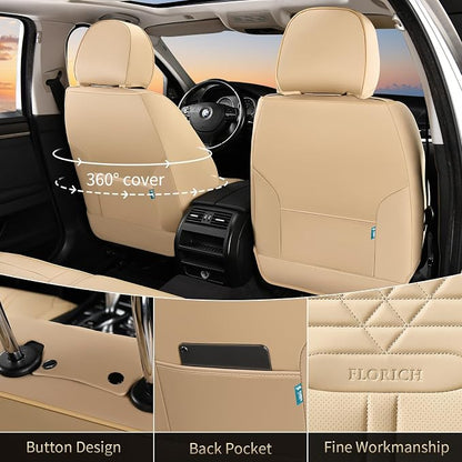Seat Covers, Car Seat Covers Full Set, Luxury Nappa Leather Seat Covers, Breathable and Waterproof Car Seat Protector 5 Seat, Automotive Seat Covers Universal Fit for Most Cars-Beige - Image 2