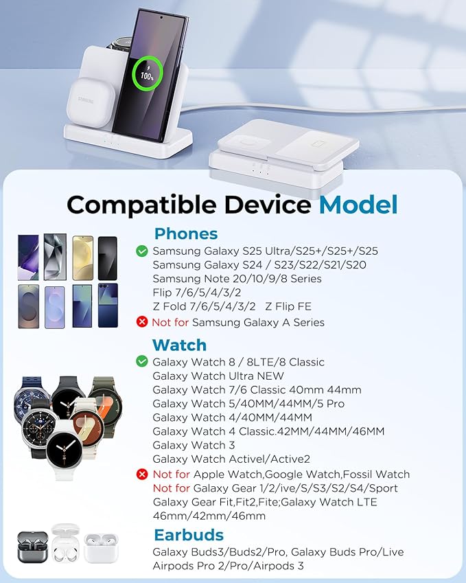 3 in 1 Wireless Charger Station for Galaxy S26 Ultra S25 S24, Foldable | Fast Charging for Z Fold Flip 7/6, Detachable Watch Charger for Galaxy Ultra 8/7/6, Compact & Portable, No Adapter, White - Image 2