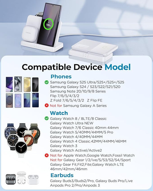 3 in 1 Wireless Charger Station for Galaxy S26 Ultra S25 S24, Foldable | Fast Charging for Z Fold Flip 7/6, Detachable Watch Charger for Galaxy Ultra 8/7/6, Compact & Portable, No Adapter, White - Image 2