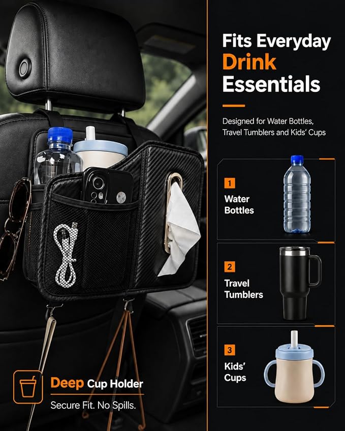 Car Tissue Holder, Leather Back Seat Organizer with Cup Holder & 2 Hooks | | Fits 100-160 Count Tissue Boxes, Keeps Drinks & Small Items Within Reach,3 Storage Pockets, Secure Headrest Mount - Image 7