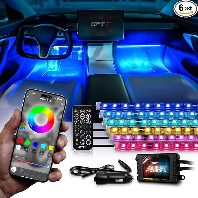 OPT7 Aura Pro Multicolor Interior SUV & Van Lights w/App & Remote, 6PC Kit | Extended Interior Lighting, RGB Ambient Footwell Glow, Full SUV Coverage, Sound Sync, 3-Row Car Decor, 12V LED Strips by OPT7