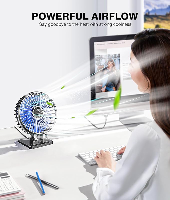 JZCreater USB Desk Fan, Mini Portable Fans, 3 Speeds Desktop Table Cooling Fan, Plug in Power, Rotation Strong Wind, Quiet Personal Small for Home Office Travel Bedroom, Black Blue - Image 2