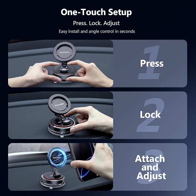 SYNCWIRE for MagSafe Car Mount [2-Axis Design] Nano Adhesive Gel + Suction Cup Magnetic Phone Holder for Dashboard & Windshield, 360° Adjustable for iPhone 17 16 15 14 13 12 11, Samsung, Matte Black - Image 7