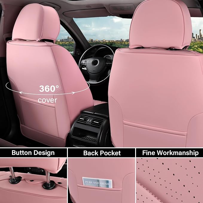 Coverado Car Seat Covers Full Set, Automotive Front and Rear Seat Covers with Backrest, Nappa Leather Car Seat Protectors Waterproof, Universal for Most Vehicles, Pink - Image 6