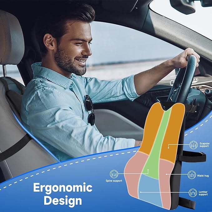 Teemour Lumbar Support Pillow for Car Seat, Memory Foam Back Support Pillow with Adjustable Straps, Medium Soft Car Back Cushion for Driving, Truck, SUV, Office Chair, Black - Image 2