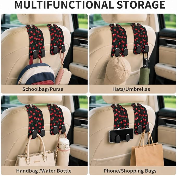 Cute Cherry Car Seat Back Storage Headrest Hooks for Purses & Bags – 2PCS PU Leather Dual Metal Hooks, Backseat Organizer Accessories - Image 6