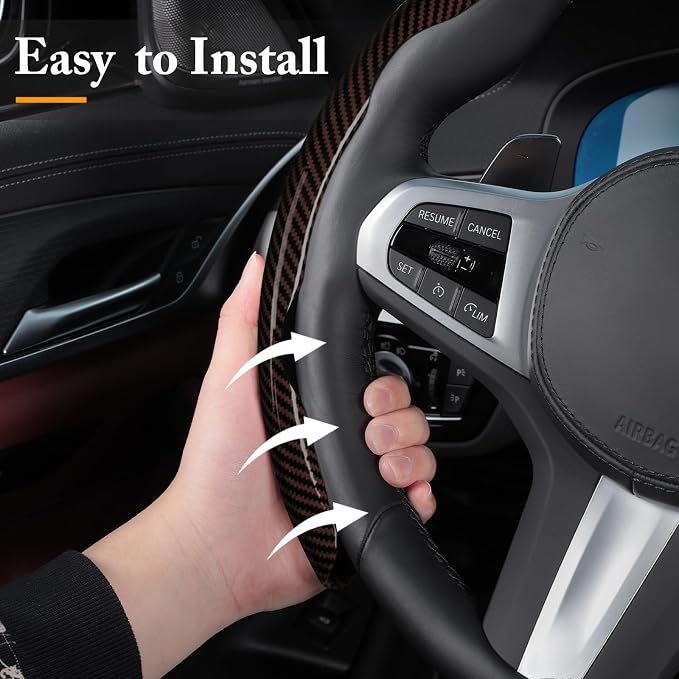 Carbon Fiber Steering Wheel Cover Universal 3pcs Protector Glossy Brown - Image 4