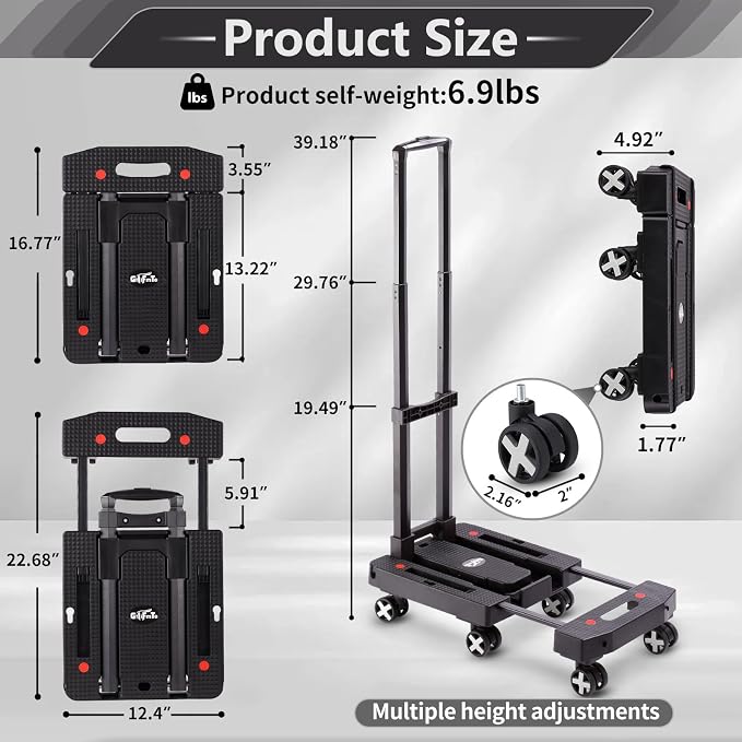 GtIiFmTe Foldable Hand Truck, Lightweight Luggage Cart for Airport Car Seat | Compact Folding dolly with Rotating swivel wheel,storage size12×15.7×4.1",300lbs Load,Upright Lock Handle with 3bungee cords - Image 2
