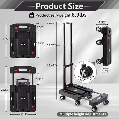 GtIiFmTe Foldable Hand Truck, Lightweight Luggage Cart for Airport Car Seat | Compact Folding dolly with Rotating swivel wheel,storage size12×15.7×4.1",300lbs Load,Upright Lock Handle with 3bungee cords - Image 2