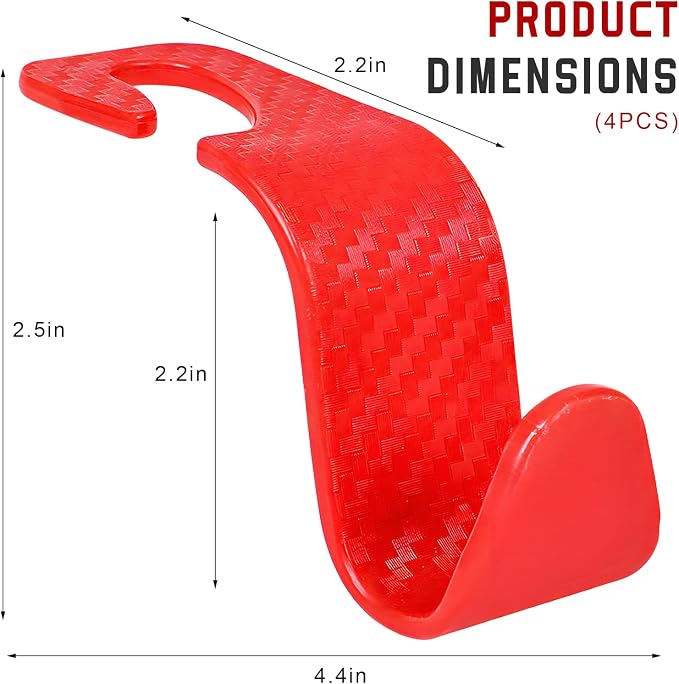 4 PCS Car Seat Headrest Hook, S Type Auto Rear Seat Hanger Holders Backpack Storage Hooks, Universal Vehicle Storage Organizers for Wallet Purse Bag Cloth Umbrella (Red) - Image 2