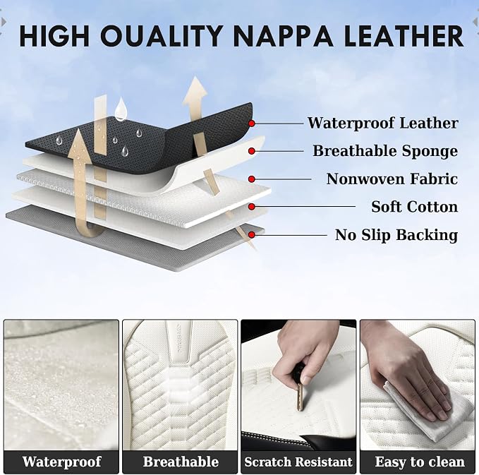 Coverado Leather Seat Covers, Car Seat Covers Full Set, Waterproof Nappa Leather Car Seat Cover, Car Seat Protectors 5 Seats, Black & White Automotive Seat Covers Fit for Most Cars Trucks - Image 5