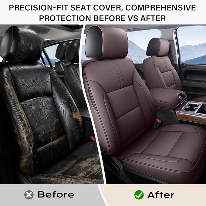 Coverado Chevy Silverado Seat Covers, Faux Leather Seat Covers Fit for Chevy Silverado GMC Sierra 2007-2026 1500, 2015-2026 2500HD 3500HD Crew Double Extended Cab (Front,Brown) - Image 3