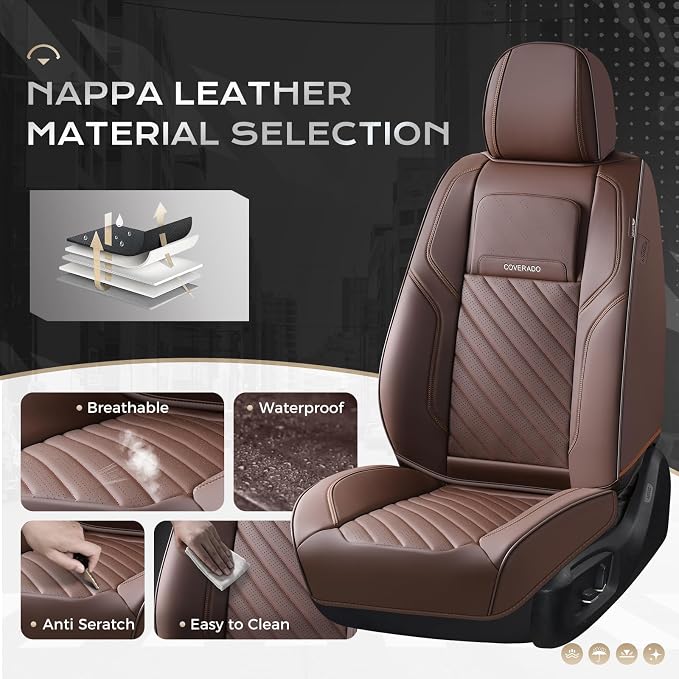 Coverado Car Seat Covers Full Set 5 Pieces, Luxury Nappa Leather Seat Covers Universal Fit Waterproof Non-Slip Breathable Front & Back Automotive Seat Protectors for Cars, SUVs, Trucks - Image 3