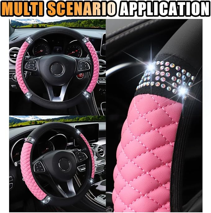 JOYCOURT 15 Inch Bling Soft Leather Car Steering Wheel Cover, Pink | Colorful Rhinestones Design, Auto Elastic Protector for Women Girls, Crystal Diamond Car Accessories for Most Cars, SUVs - Image 6