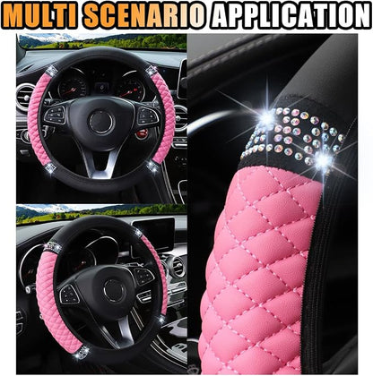 JOYCOURT 15 Inch Bling Soft Leather Car Steering Wheel Cover, Pink | Colorful Rhinestones Design, Auto Elastic Protector for Women Girls, Crystal Diamond Car Accessories for Most Cars, SUVs - Image 6