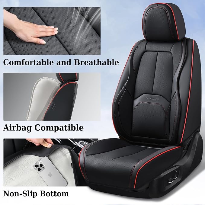 Coverado Car Seat Covers Full Set, Premium Nappa Leather Seat Covers for Car, Waterproof Car Seat Protector with Lumbar Support, Car Seat Cover Universal Fit for Most Cars SUV Truck(Black&Red) - Image 4