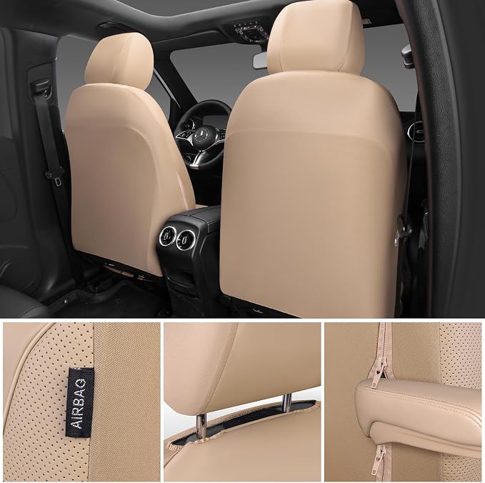 CAR PASS 3D Foam PU Leather Car Seat Covers, Universal Seat Covers Front 2 for Trucks SUV Sedan Automotive Seat Covers Armrest Airbag Compatible Waterproof Comfortable Faux Nappa Leather All Beige - Image 3