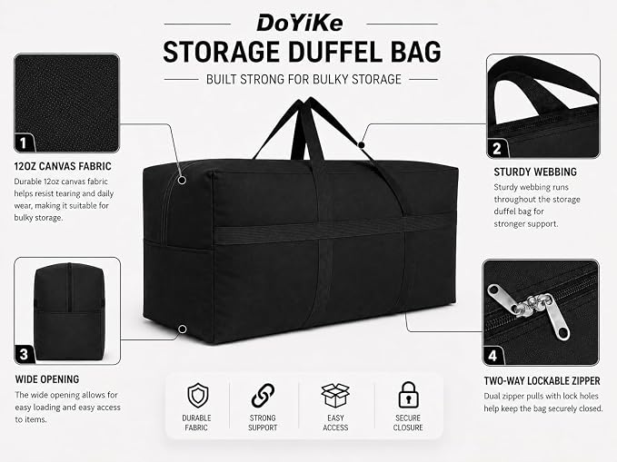 DoYiKe Canvas Storage Duffle Bag, Duffel Bag for Travel Black 60L - Image 4