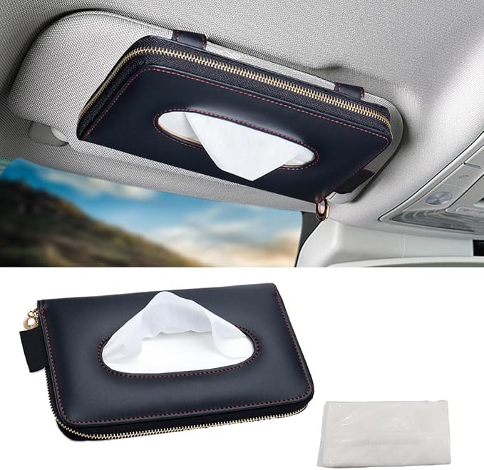 Car Tissue Holder, Sun Visor Box, Backseat Paper Carton, Leather Napkin Case, Universal Hanging Towel Clip for SUV, RV, Truck (Black) by smilfuy