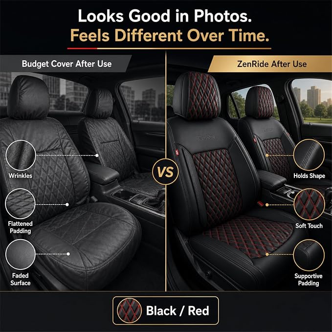 Black and Red Thick Nappa Leather Automotive Front Car Seat Covers Set of 2 | Univerasal Fit,3D Contoured,Waterproof,ThickTexture Nappa Leather,for most Suvs Trucks Sedans - Image 3