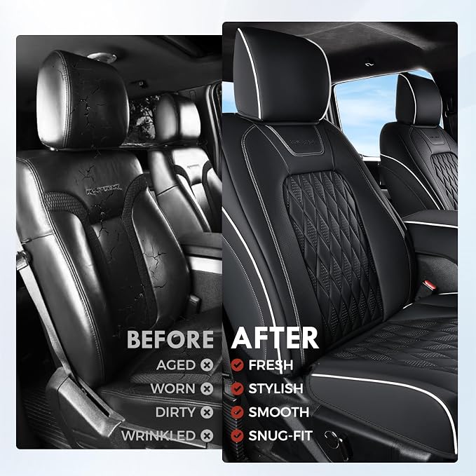 Coverado Premium Leather Front Seat Covers Waterproof Heavy-Duty Protectors Custom Fit for Ford F150 (2015-2026) F250/F350/F450 (2017-2026)-Black w/White Stitching, Wear-Resistant - Image 5