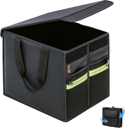 Coverado Trunk Organizer for Car- Nappa Leather Trunk Organizer for SUV with Lid, 30L Multi Collapsible Car Storage Organizer Foldable, Multi Compartments with 2 Straps for SUV/Truck by COVERADOAUTO