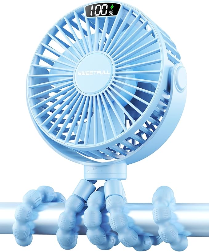SWEETFULL Portable Stroller Fan with LED Display, 4 Speed Rechargeable Mini Clip On Fan,Built-in Non-Removable Rechargeable Battery，Sealed housing by SWEETFULL